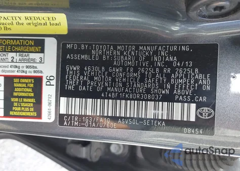 2013 Toyota Camry L из США, поврежденный, VIN 4T4BF1FK8DR308037